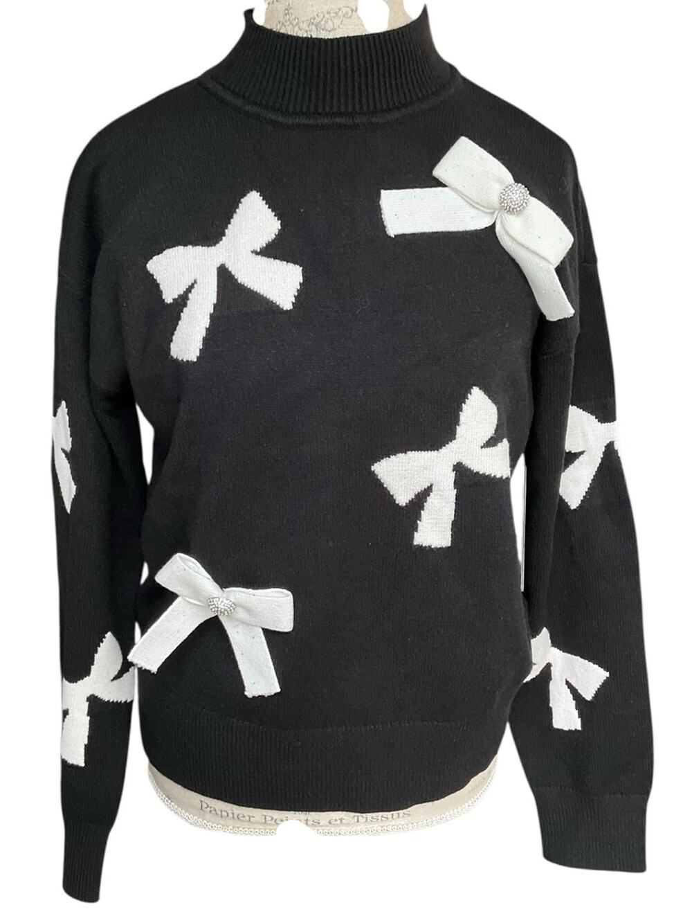 Karl Lagerfeld Black Mock Neck Sweater with White Bow Accents Size Medium NWT